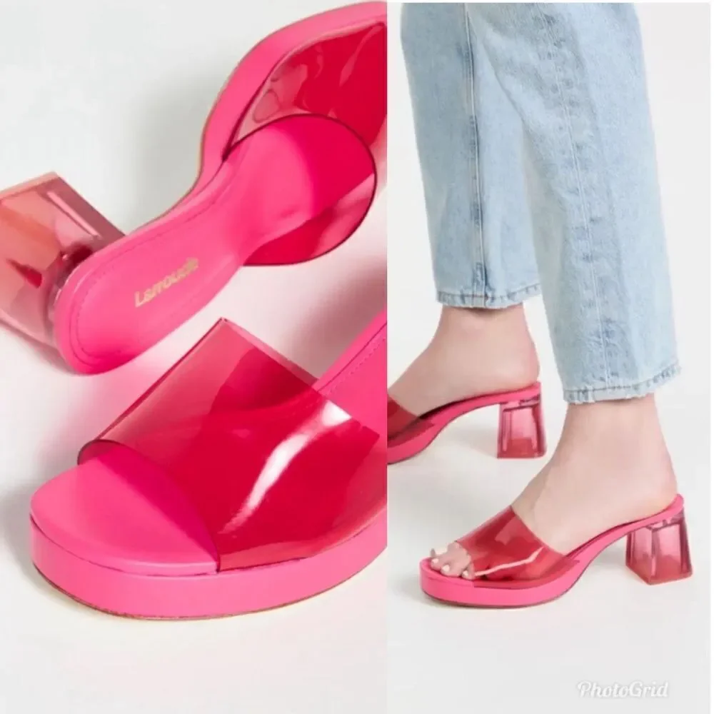 Revolve Larroude Jenn Pink Lucite Chunky Block Heel Sandals
